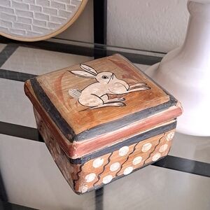 Vintage Tonala Burnished Pottery Box w/Lid Hand Painted & Handmade - Rabbit